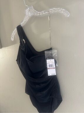 Michael Kors Black One-Shoulder Swimsuit with Ring Accent